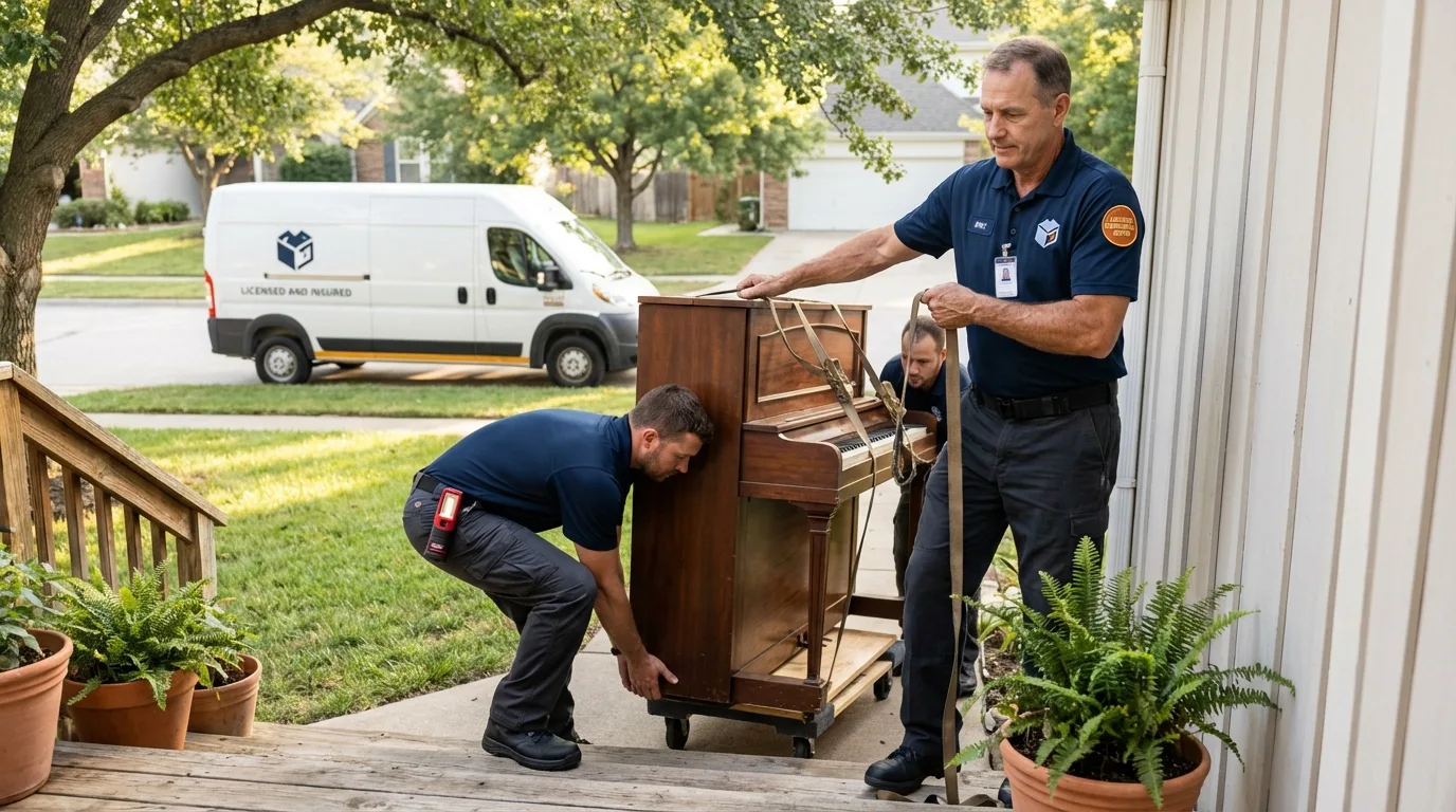 Licensed piano movers securing grand piano in Aztec, NM