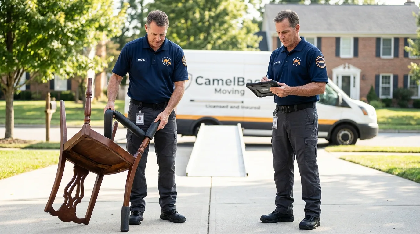 Movers inspecting furniture for damage prevention before loading in Aztec, NM