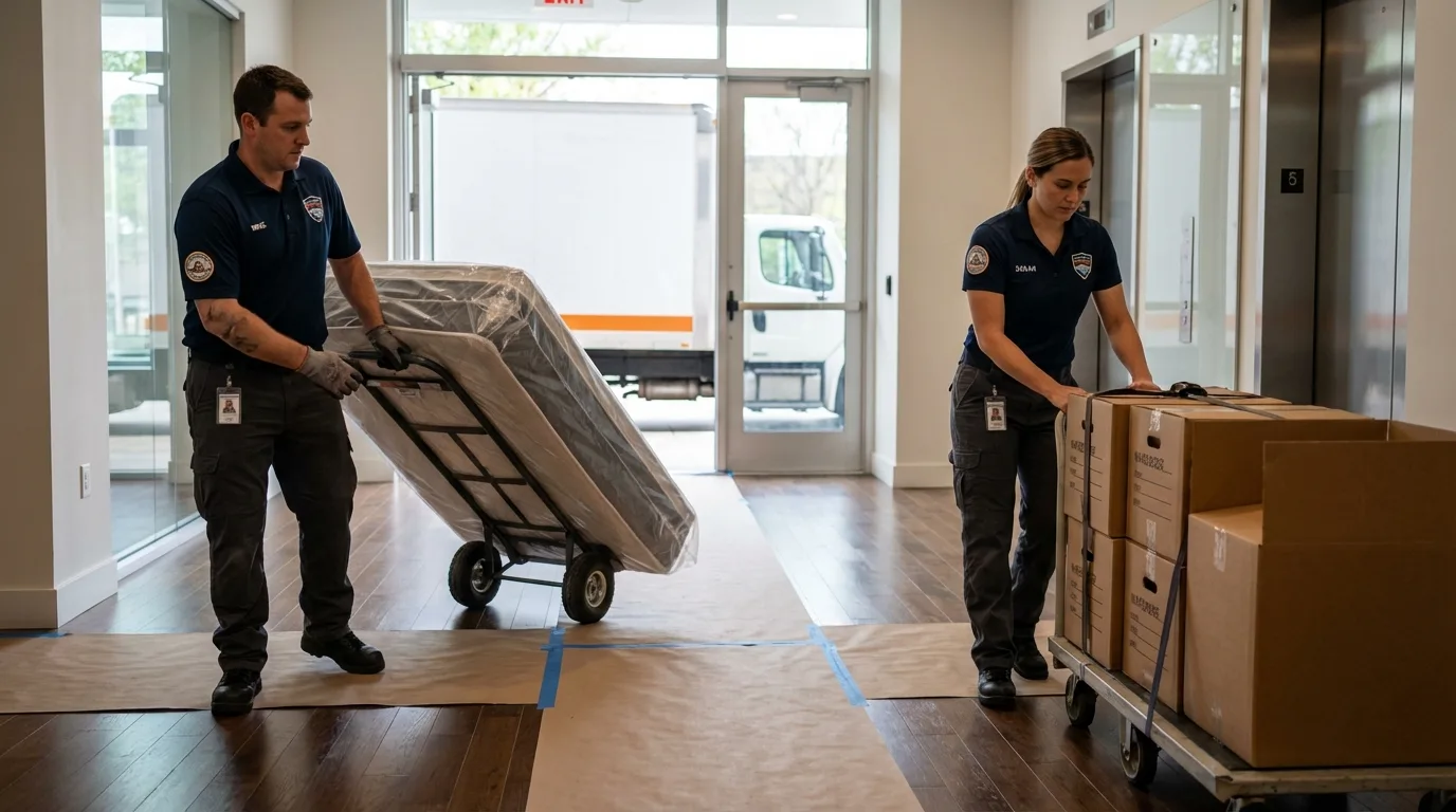 Professional apartment movers loading elevator in Aztec, NM