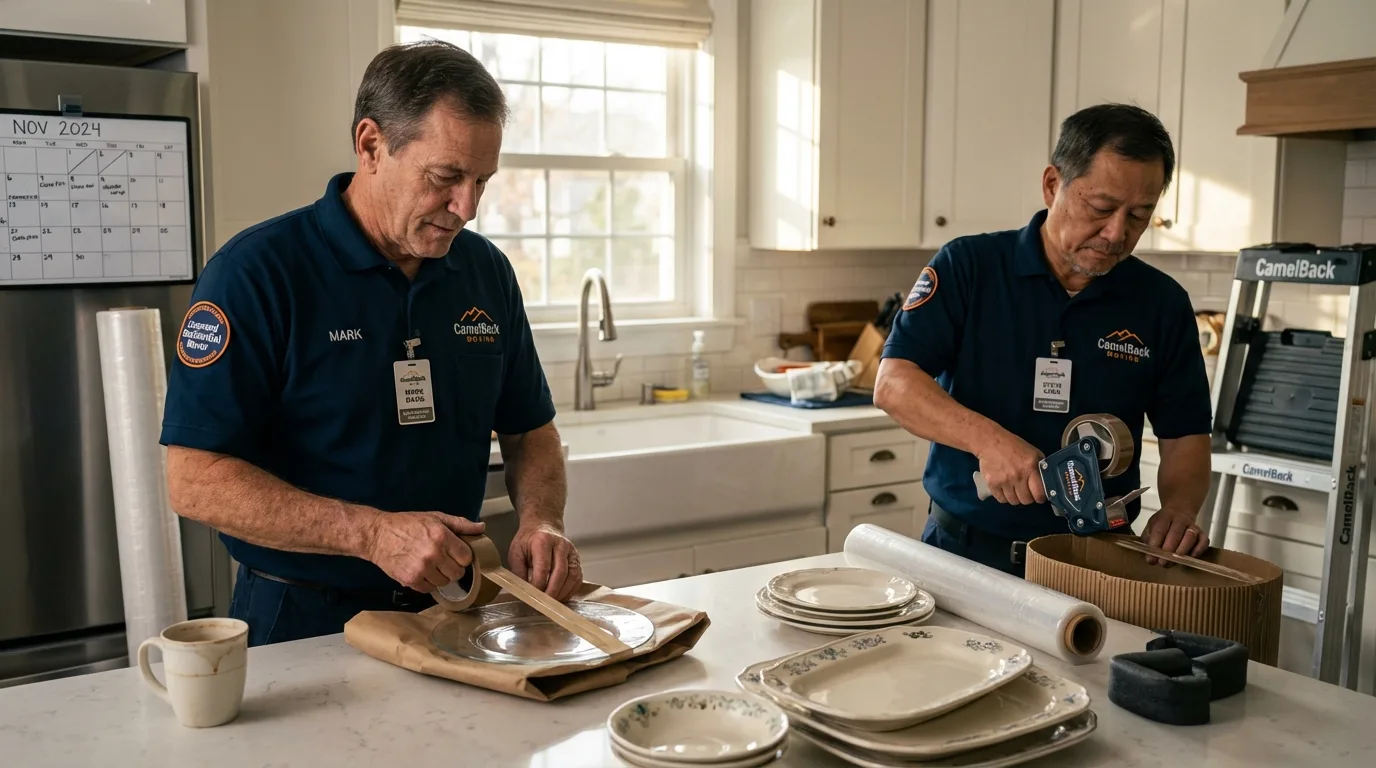 Professional crew packing kitchen dishware in Aztec, NM